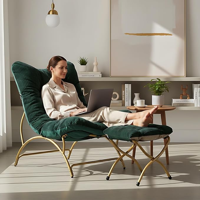 Welnow Modern Accent Chair with Ottoman, Upholstered Comfy Lounge Recliner Sofa, Thick Cushion Oversized Lazy Reading Chair with Footrest for Living Room, Bedroom, Apartment, Office, Dorm, Dark Green