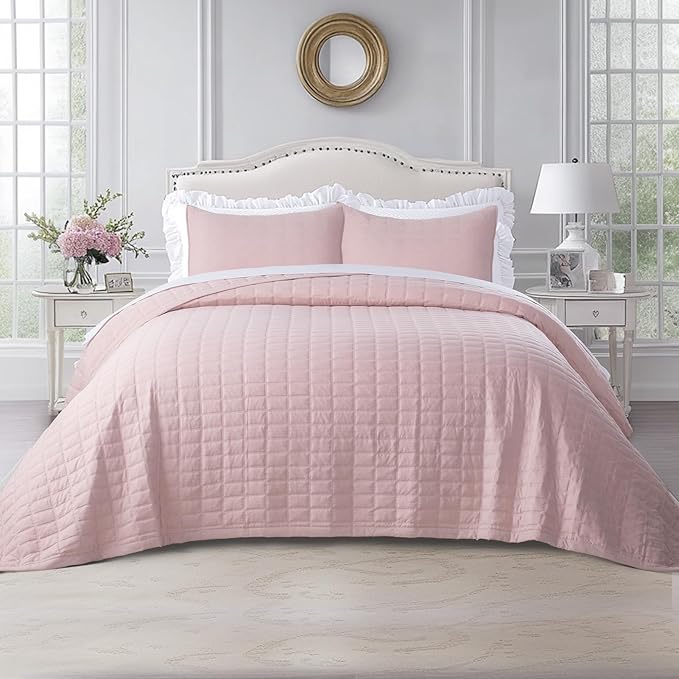 KASENTEX Twin Quilt Set 68"x86" – Soft Washed 3-Layer Lightweight Bedspread, Minimalist Nordic Design, All-Season Spring & Summer Quilt Set (1 Quilt + 2 Pillow Shams), Blush Pink