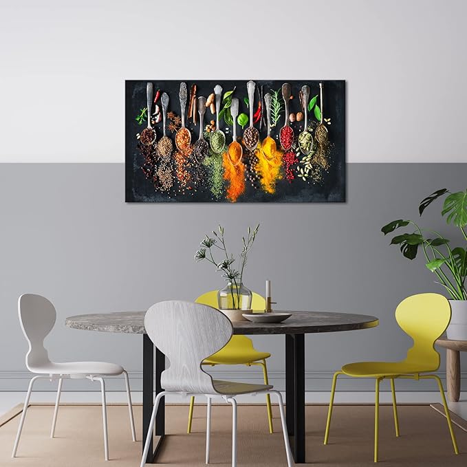 OuElegent Kitchen Canvas Wall Art Colorful Spices Herbs Seasoning Spoon Canvas Painting Colourful Artwork for Home Farmhouse Restaurant Wall Decoration Framed Ready to Hang 20"x36"