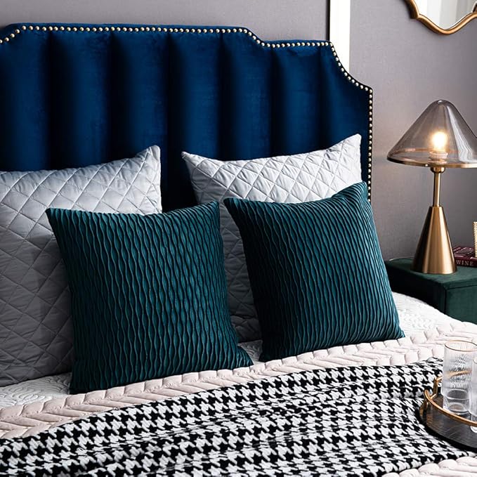 22x22 Teal Throw Pillow Cases: 2 Pack Original Striped Velvet Square Decorative Pillow Covers for Farmhouse Couch