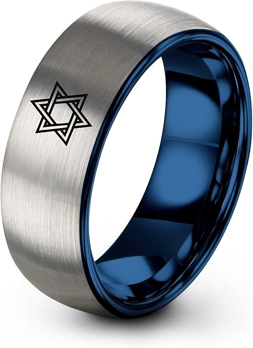 Mezuzah star Of David Ring - Gift for Jewish Family - Flat Dome Bevel - 8mm - Men Women - Yellow Gold Black Silver Blue - Anniversary Wedding - Personalized Custom Engraving - Band - Brushed Polished