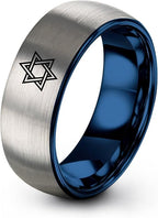 Mezuzah star Of David Ring - Gift for Jewish Family - Flat Dome Bevel - 8mm - Men Women - Yellow Gold Black Silver Blue - Anniversary Wedding - Personalized Custom Engraving - Band - Brushed Polished