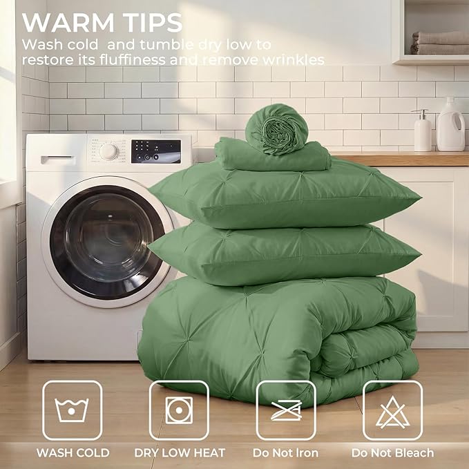 Sasttie Twin Comforter Set, 5-Piece Bed in a Bag, Pintuck Bedding Sets for All Season, Includes Comforter, Flat Sheet, Fitted Sheet, Pillowcase and Pillowsham, Green