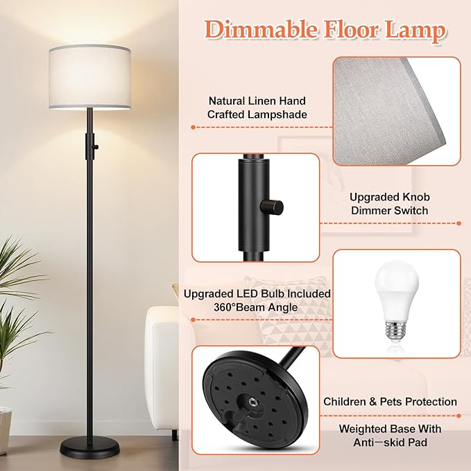 Floor Lamp Simple Design with Shade, Small Tall Lamps for Living Room Bedroom Office Dining Room Kitchen, Black Pole Lamp-Gray