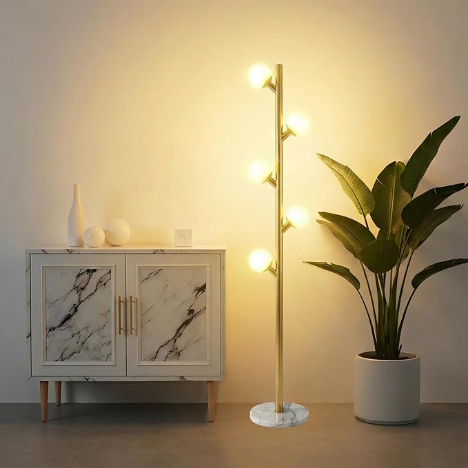 Fiqevs 5 Globe Floor Lamp for Living Room, Mid Century Modern Standing Lamp with Orb Frosted Glass Shade and 5 LED Bulbs, Elegant Tree Tall Lamp for Bedroom Office - Antique Brass/Gold