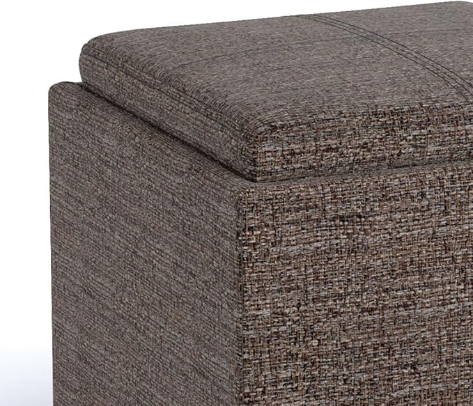 SIMPLIHOME Rockwood Cube Storage Ottoman with Tray - 17 inch Wide Upholstered Tweed Look Fabric Square Storage Ottoman in Mink Brown, Contemporary Cube Ottoman for Living Room with Serving Tray