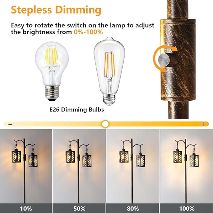 Industrial,Vintage Dimmable Floor Lamp,2 Classical Lanterns Standing Lamp, Rustic Farmhouse Floor Lamp with Bronze Gold Finish, for Living Room Bedroom (Bronze)