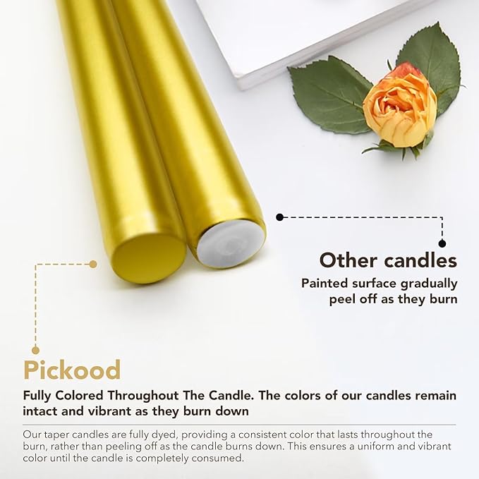 New Burning Formula Unscented Dripless 10-Inch Taper Candles Set of 12 - Gold, for Wedding, Dinner - Smokeless, Long Burning - Hand Poured, Colored Tall Candlesticks - Oro
