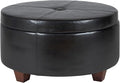 Homepop Home Decor | Upholstered Faux Leather Large Tufted Round Storage Ottoman | Button Top Ottoman with Storage for Living Room & Bedroom | Decorative Home Furniture, Black