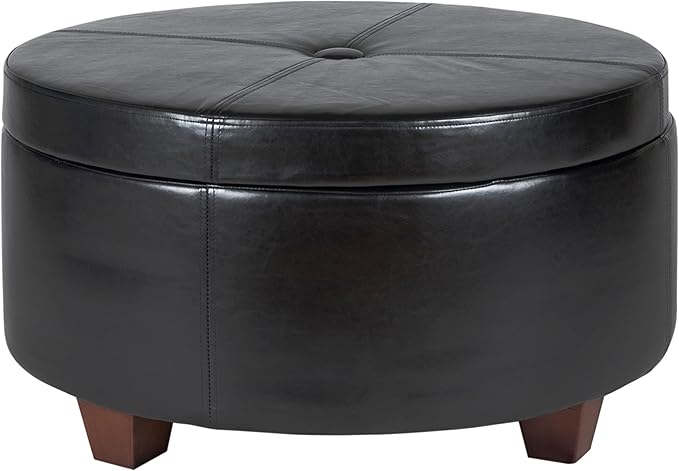 Homepop Home Decor | Upholstered Faux Leather Large Tufted Round Storage Ottoman | Button Top Ottoman with Storage for Living Room & Bedroom | Decorative Home Furniture, Black