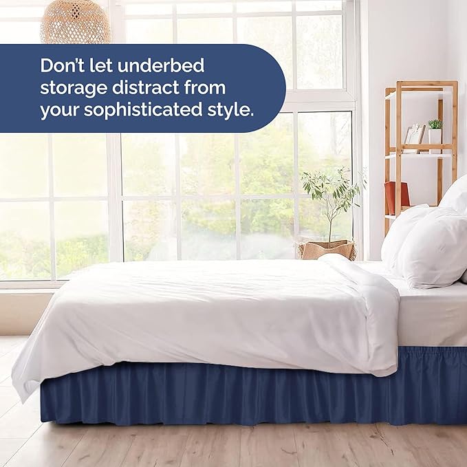 Wrap Around Dust Ruffle Bed Skirt - Navy Blue - Twin/Twin XL Size Beds with 24 Inch Drop - Elastic Strap - Adjustable Pleated Bedskirt with Brushed Fabric and Wrinkle Free - Women, Men, Kids & Teens