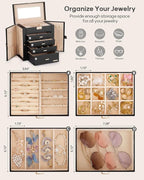 Homde Valentine's Day Gifts Synthetic Leather Huge Jewelry Box Mirrored Watch Organizer Necklace Ring Earring Storage Lockable Gift Case (Black + Gold)