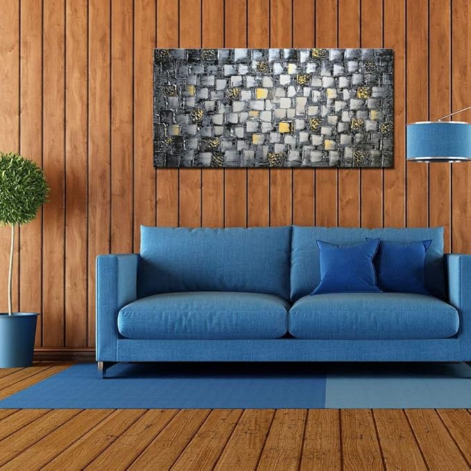 MyArton Large Thick Abstract Dark Silver add Golden Square Wall Art Hand Painted Artwork Textured Oil Painting on Canvas Framed Ready to Hang 60x30inch