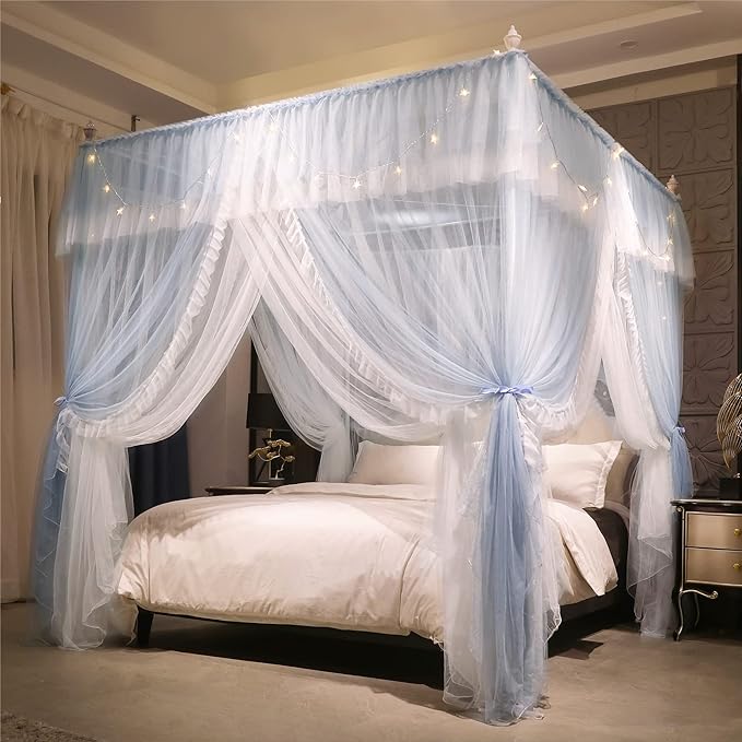 VETHIN 4 Corners Post Ruffle Princess Bed Canopy Curtain-Double Layer Cozy Drape Netting 4 Opening Mosquito Net for Girls Adults Bedroom Decoration (Gray/White,59" W*82" L*82"*H/Queen)