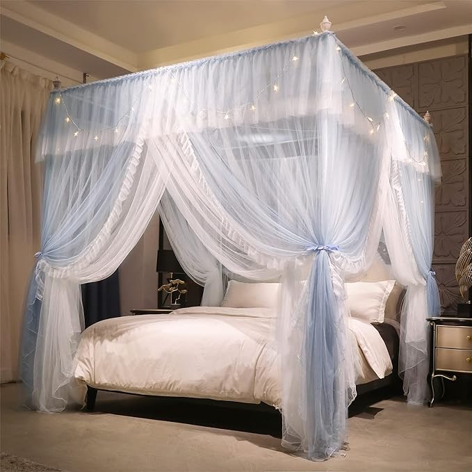 VETHIN 4 Corners Post Ruffle Princess Bed Canopy Curtain-Double Layer Cozy Drape Netting 4 Opening Mosquito Net for Girls Adults Bedroom Decoration (Gray/White,47" W*78" L*82" H/Twin)