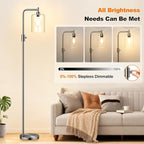 【Upgraded】Dimmable Floor Lamp for Living Room with Glass Lampshade, Brushed Nickel Modern Floor Lamp with 900LM LED Bulb Included, Bright Standing Tall Lamp for Bedroom, Office, Reading Room, Corner