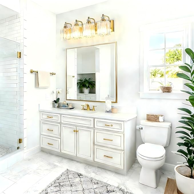 4-Light Modern Vanity Lights Brushed Brass Bathroom Light Fixtures Over Mirror Gold Bathroom Vanity Lighting with Crystal Shade E26 Base Wall Sconce for Bedroom Living Room Restroom Wall Lamp