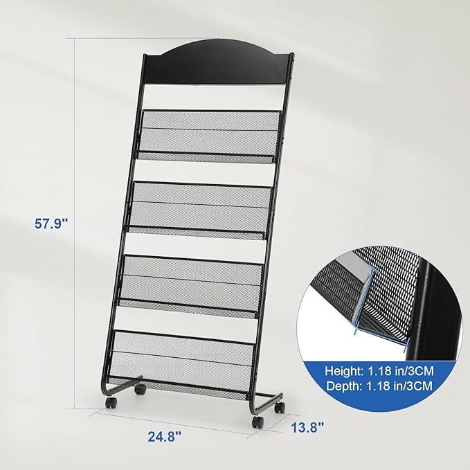 Granville Floor Brochure Stand Magazine Rack, Brochure Display Stand, 4 Pockets Magazine Holder Newspaper Stand with 4 Wheels (2 Lockable), Black