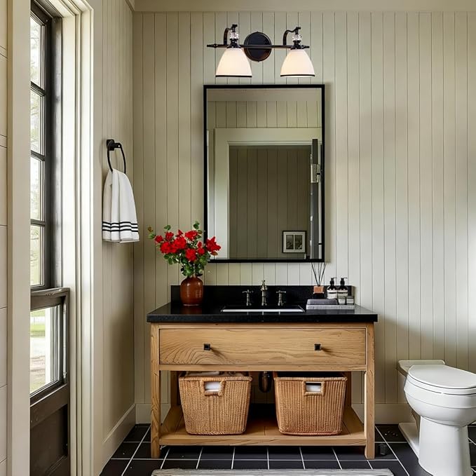 ANDY STAR Bathroom Lighting Fixtures Over Mirror, 2-Light Matte Black Vanity Light with Frosted Glass, Anti-Rust Metal Framed Bathroom Wall Lamp Sconces for Mirror Bedroom, Living Room Hallway