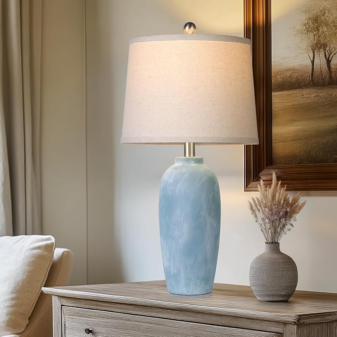 25“ Jar Table Lamps Set of 2, Ceramic Bedside Lamps for Bedroom, Blue Coastal Nightstand Lamps for Living Room