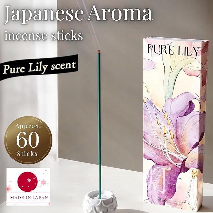 Pure Lily Luxury Japanese Incense Sticks 60sticks Bergamot Vanilla Jasmine Coreless Low Smoke Natural Charcoal Free Non Toxic Aromatherapy Meditation Calming Stress Relief Relaxation Yoga TOMORI
