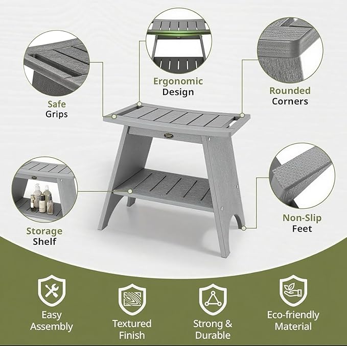 Shower Benches for Inside Shower, Shower Stool for Shaving Legs, 500lbs Shower Chair with Space-Efficient Storage Shelf, Waterproof Shower Seat for Spa Bathroom, Indoor or Outdoor 18”x17”