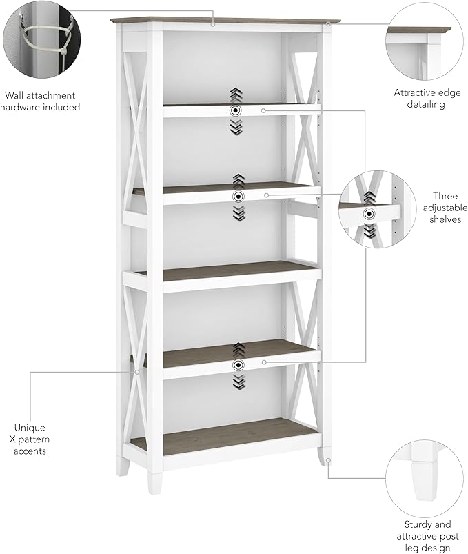 Bush Home Tall 5 Shelf Bookcase for Living Room or Home Office, Large Bookshelf, Modern Farmhouse Style, Key West Collection, Pure White and Shiplap Gray