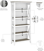 Bush Home Tall 5 Shelf Bookcase for Living Room or Home Office, Large Bookshelf, Modern Farmhouse Style, Key West Collection, Pure White and Shiplap Gray