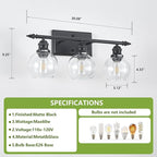 3-Light Bathroom Light Fixtures Matte Black Vanity Light Over Mirror Modern Vanity Lighting with Clear Glass Globe Vintage Wall Sconce for Kitchen Living Room Hallway Bedroom
