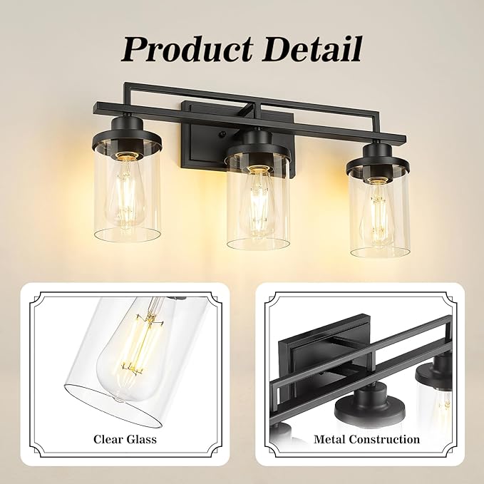 Emliviar 20.8 Inch Modern Bathroom Light Fixture in Black Finish, 3-Light Vanity Lighting Fixture with Clear Glass Shade, E26 Base, YCE238B-3W BK
