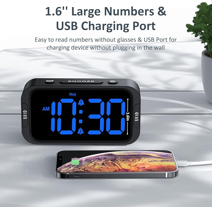 Digital Dual Alarm Clock for Bedroom, Easy to Set, 0-100% Dimmer, USB Charger, 5 Sounds Adjustable Volume, Weekday/Weekend Mode, Snooze, 12/24Hr, Battery Backup, Compact for Bedside(Blue)