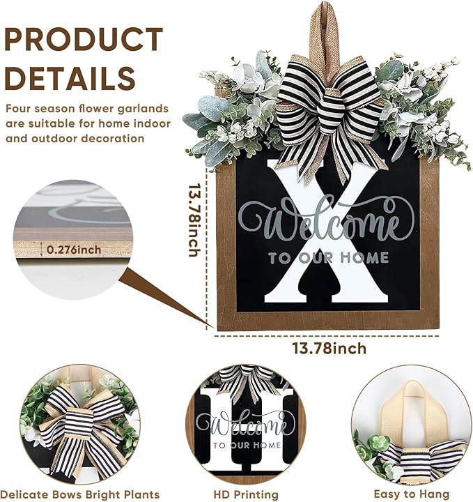 Ultra Large 14'' Last Name All Year Round Front Door Wreath with 26 Initial Letter Welcome Sign All Seasons Eucalyptus Garland and Bow Wreaths for Front Door Porch Farmhouse Decoration (X)