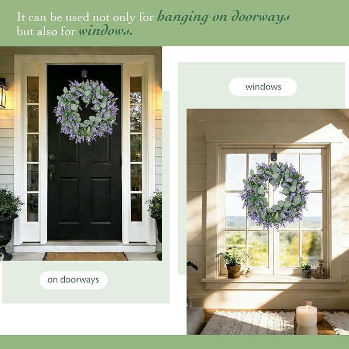 Solar Spring Wreath for Front Door 18inchWreath Pre-lit30LED Spring Summer Decor Artificial Purple Lavender Warm Lights Wreath for Outside Wall Home Decor Festival Farmhouse Decor