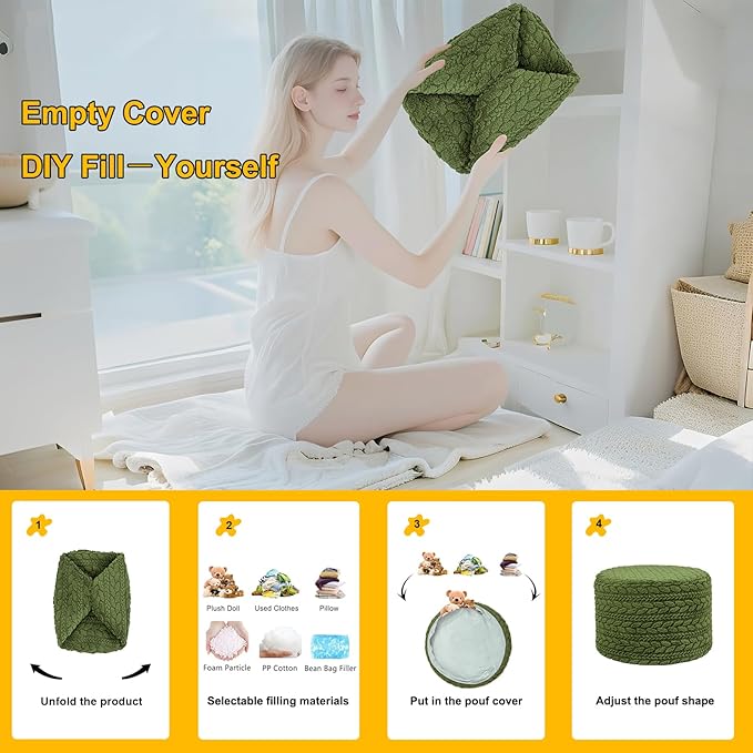Unstuffed Ottoman Pouf Cover – Round Faux Fur Footstool Plush Floor Pouf (No Filler Included) Perfect for Living Room, Bedroom, or Office Lounge (Green, 26x26x18 in)