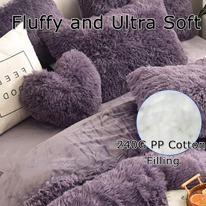 MorroMorn Fluffy Heart Throw Pillows, Shaggy Decorative Pillow for Sofa Couch Bed, Cute Room Decor Decorations for Women Girls Kids (Dark Purple)