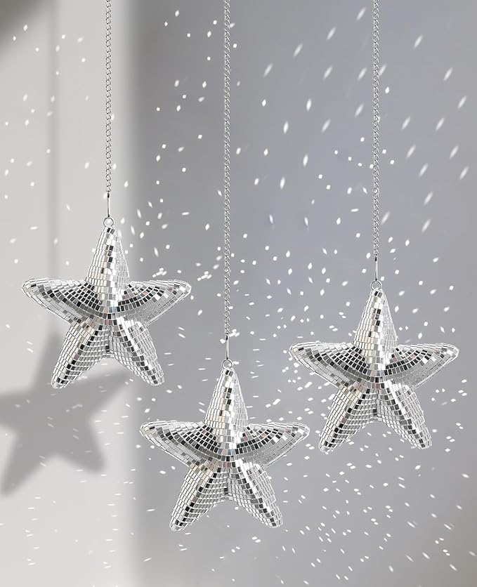 AceList Star Hanging Disco Ball Decor – Set of 3 Mirror Star Sun Catchers, 5.9" Sparkle Ornaments for Window, Bedroom, Gift or Christmas Decorations, Unique Mirror Disco Ball Decorations for Home