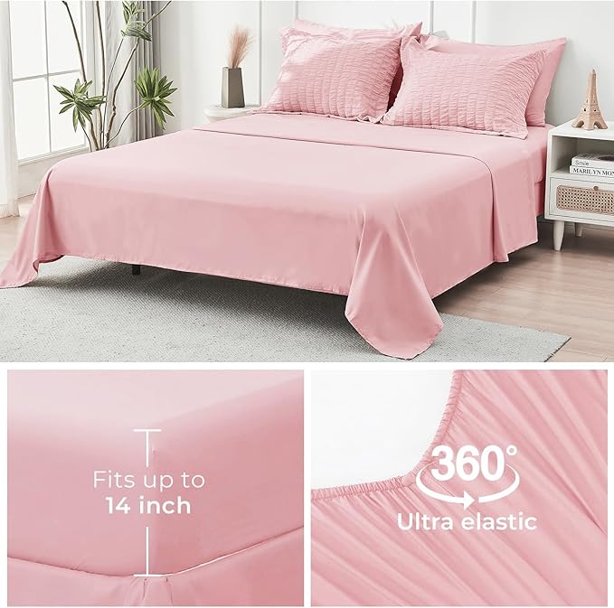 HYMOKEGE Pink Twin XL Comforter Set Seersucker 5 Pieces, All Season Luxury Bed in a Bag for Bedroom, Bedding Set with Comforter, Sheets, Pillowcase & Sham