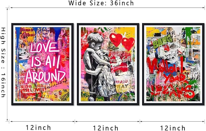 Novatique Graffiti Canvas Wall Art Colorful Banksy Wall Art Street Graffiti Print Wall Decor Framed for Living Room Bedroom,12" x 16" x 3Pcs