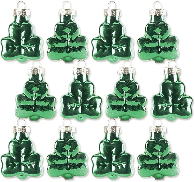 Lillian Vernon Shamrocks Blown Glass St. Patrick’s Day Ornaments - Handcrafted Hanging Tree Decorations, St. Patrick’s Day Holiday & Party Decor, Green, 12-Piece Set