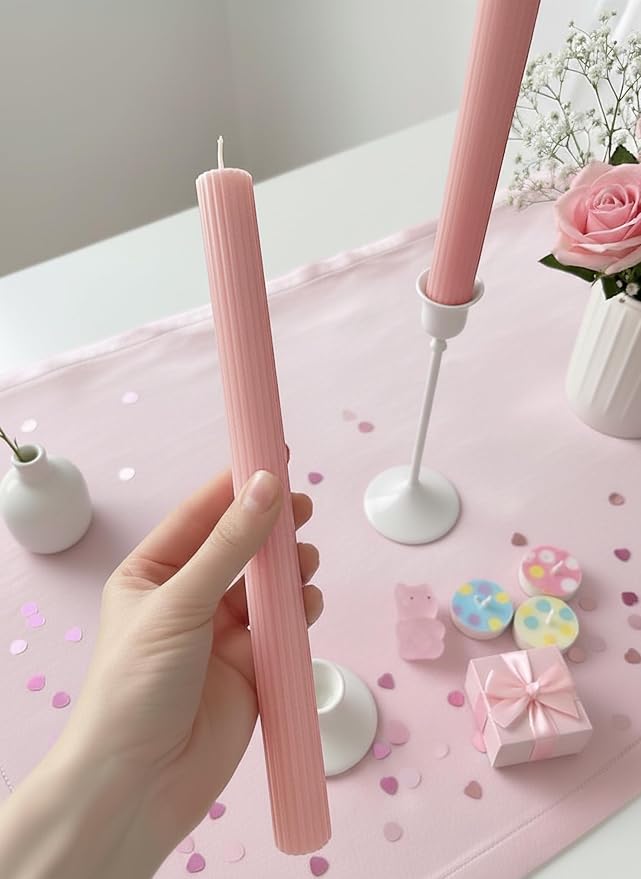 10" Candle Sticks, Ribbed Taper Candles, Blush Pink, 4-Pack, Unscented
