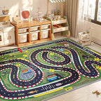 Kids Rug,Children's Room Rug,Road Race Play Rugs, Rail City Living Rugs, Washable Non-Slip Play Mats. (Green, 47x71in)