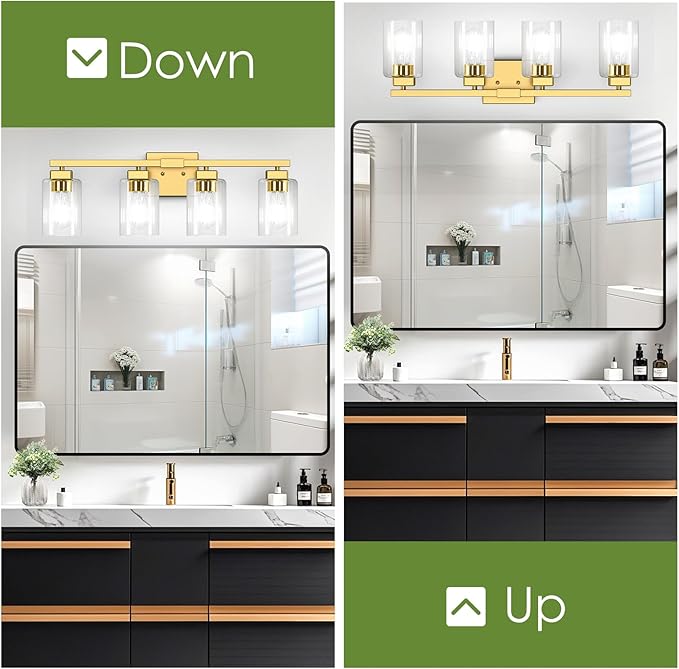 Bathroom Vanity Light, 27" 4-Light Modern Matte Gold Wall Sconce Lighting with Clear Glass Shade, Gold Wall Lights,Bath Vintage Wall Mounted Lamps for Mirror Bedroom Living Room