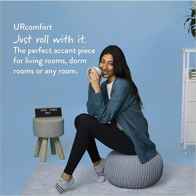Urban Lifestyle Round Knit Pouf - Hand Woven Cotton, Light Blue