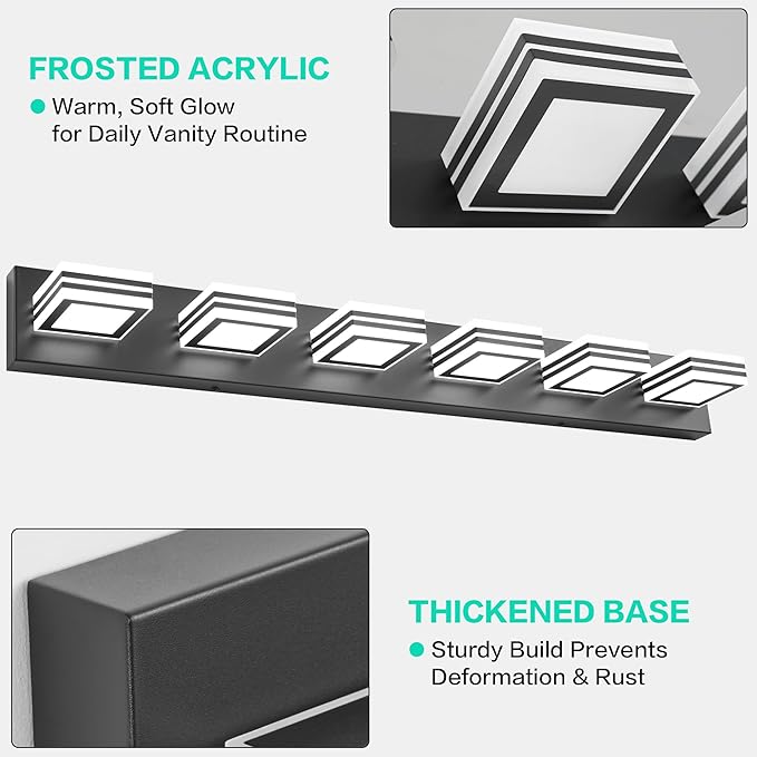 SOLFART Modern Black Vanity Lights Fixtures: 6 Lights Acrylic LED Matte Black Vanity Lights for Bathroom 39inch