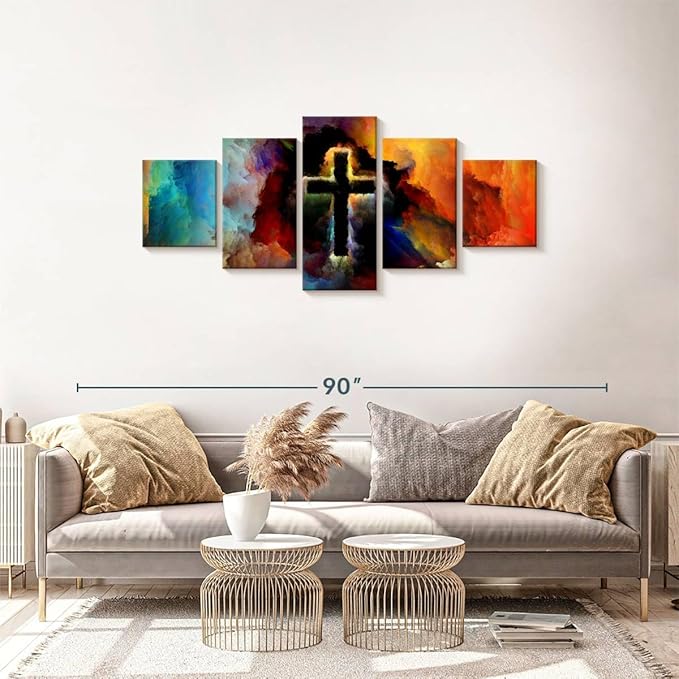 Elephant Stock Colorful Cross Wall Art Multi Piece Canvas - 5 Panel Christian Pictures Decor - Digital Design Canvas Print - Christian Wall Decor - 68" X 30"