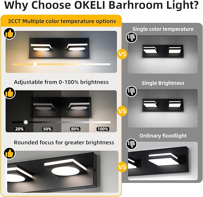 OKELI 2-Light LED Bathroom Vanity Light Fixtures, Matte Black Modern Bathroom Wall Lighting Fixtures Over Mirror (3CCT, 3000K-6000K)