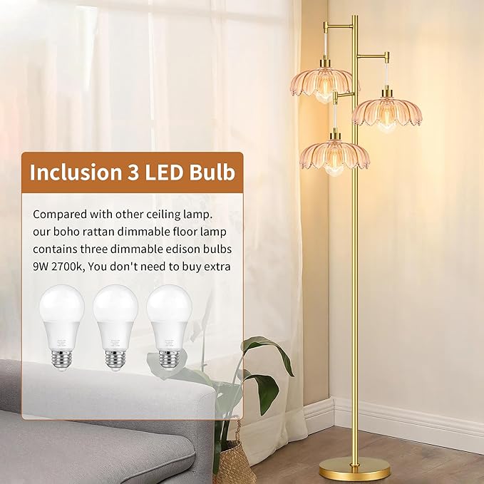 Gold Floor Lamp for Living Room Bedroom,Modern Floor Lamps with Unique Amber Glass Shades,68IN Mid Century Tall Flower Standing Lamp,Vintage 3 Lights Tree Floor Lamp for Corner Office Reading