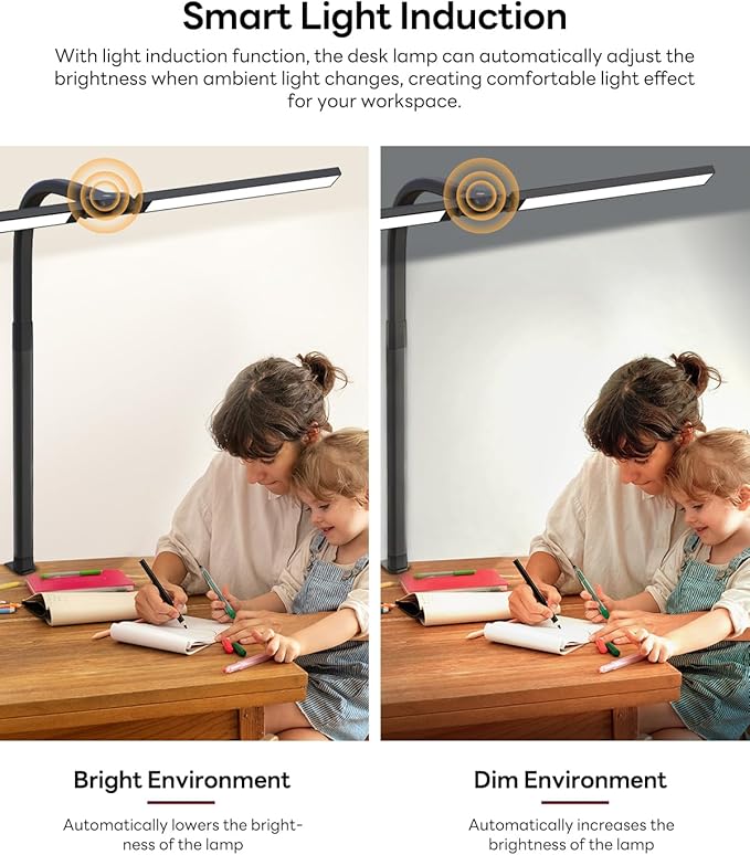 LED Desk Lamp for Home Office, Eye-Caring Desk Light with Clamp, Stepless Dimming 24W Double Head Architect Task Lamp with Remote Control, Flexible Arm, for Working, Studying, Reading, Drafting