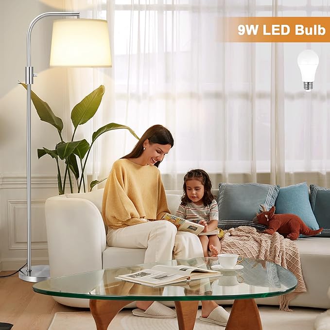 Ambimall 𝐅𝐮𝐥𝐥𝐲 𝐃𝐢𝐦𝐦𝐚𝐛𝐥𝐞 𝐅𝐥𝐨𝐨𝐫 𝐋𝐚𝐦𝐩 - Floor Lamps 9W LED Light Bulbs, Standing Lamps for Living Room, Modern Standing Light Tall Lamp (Sliver and White)