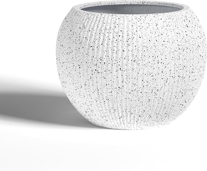 DTY Signature Mount Sherman 12.6''D x 9.8''H Modern Indoor Outdoor Fiberstone Sphere Planter, Durable Round Garden Pot, Weather Resistant, Drainage Hole & Rubber Plug (Ribbed White, Small)